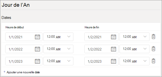 Capture d’écran montrant la configuration des jours fériés.