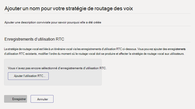 Capture d’écran de la page Ajouter une stratégie de routage vocal dans le centre d’administration Microsoft Teams 