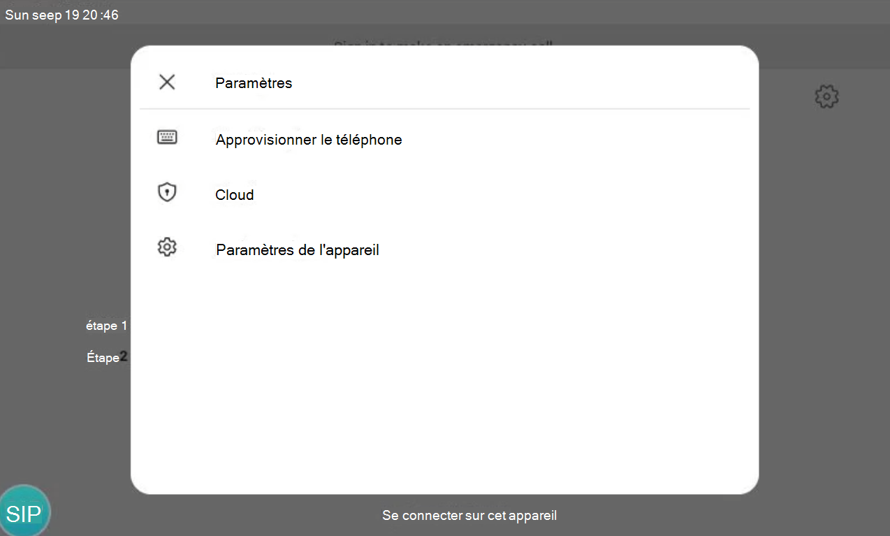 L’interface utilisateur des paramètres sur la page de connexion par téléphone Teams, avec l’option Provisionner l’appareil