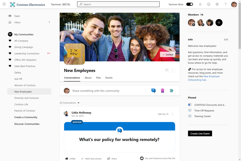 Capture d'écran montrant une page de communauté pour les nouveaux employés au sein de Yammer.