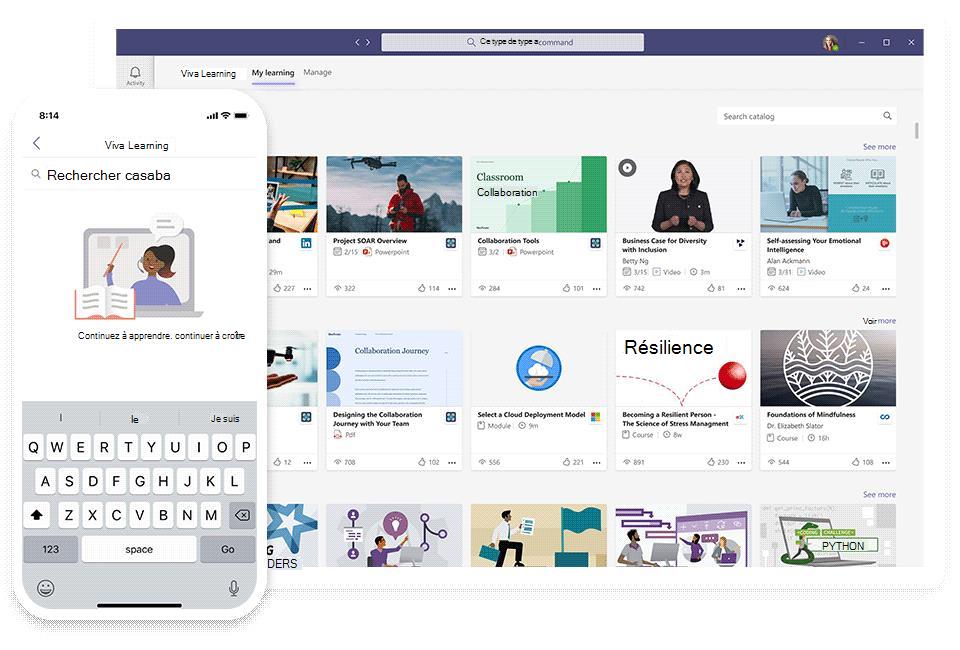 Capture d’écran montrant l’application Viva Learning dans la plateforme Microsoft Viva.