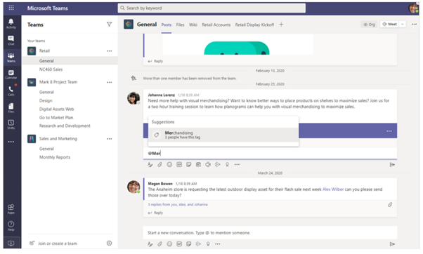 Capture d’écran montrant les canaux et les conversations au sein de la plateforme Microsoft Teams.