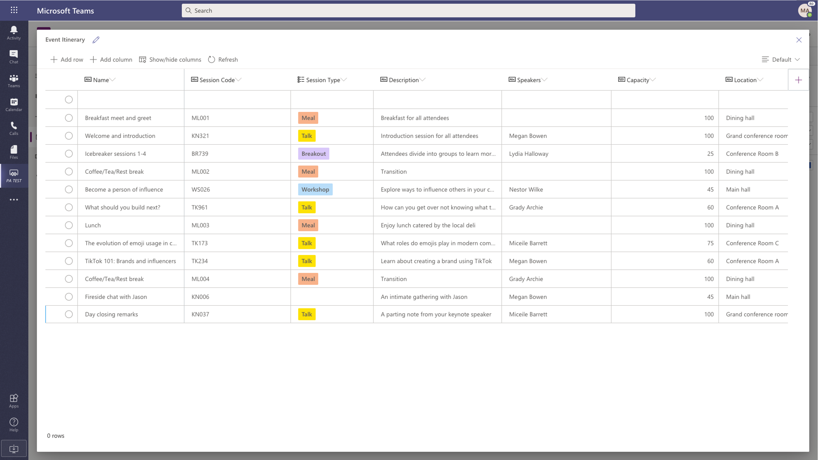 Capture d’écran de l’utilisation de Microsoft Dataverse pour Teams dans le client Teams.