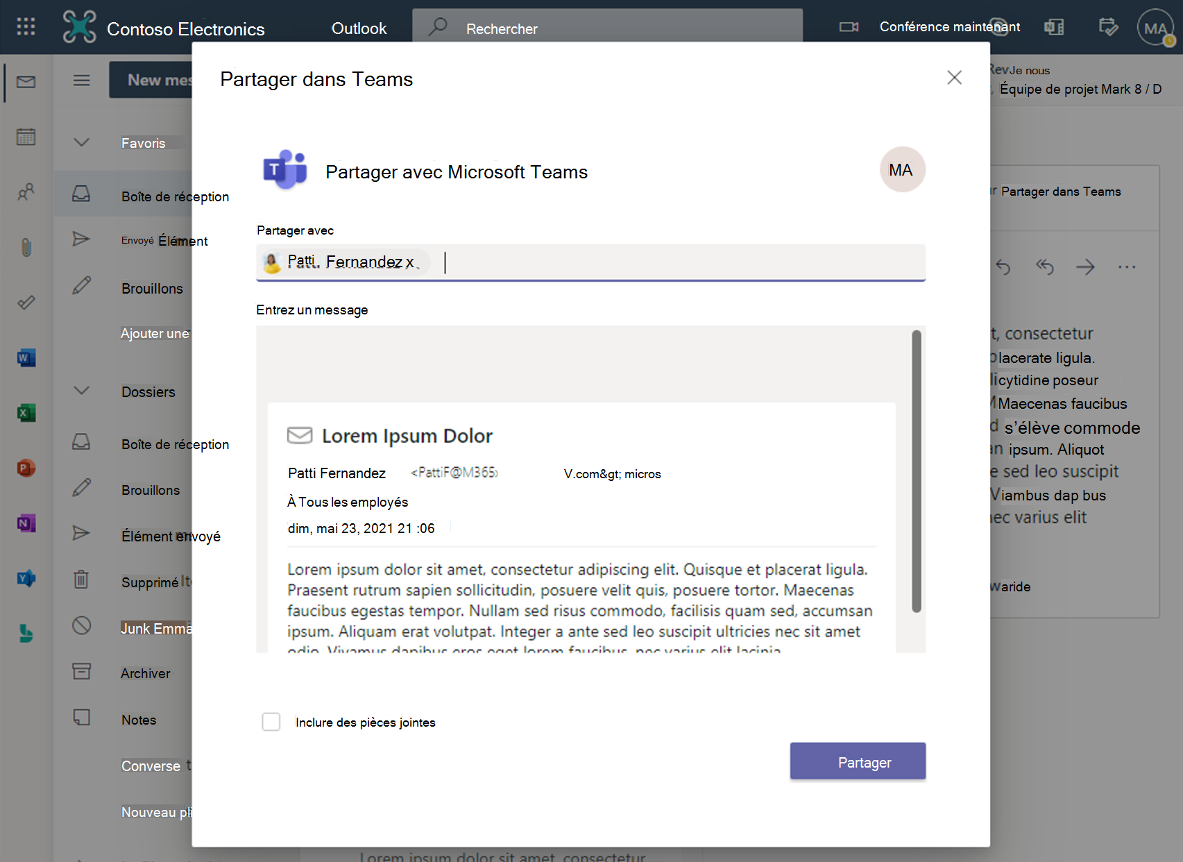 Capture d’écran de l’intégration entre Outlook et Microsoft Teams.