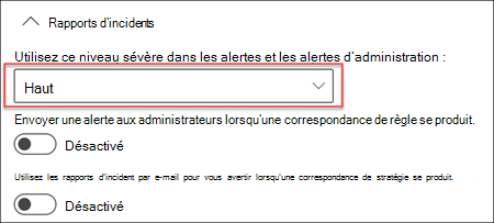 Screenshot of the incident report setting for a D L P policy that shows the severity level used in alerts and reports for the policy.