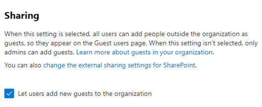 Capture d’écran du paramètre de partage invité de sécurité et de confidentialité dans le Centre d’administration Microsoft 365