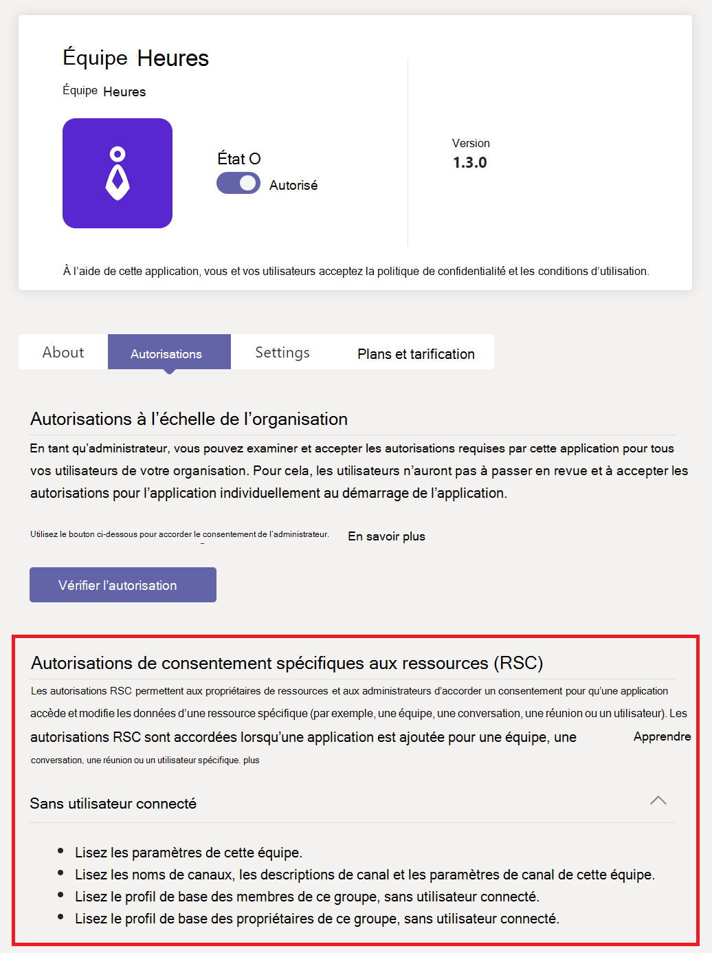  Capture d’écran des autorisations RSC pour une application.