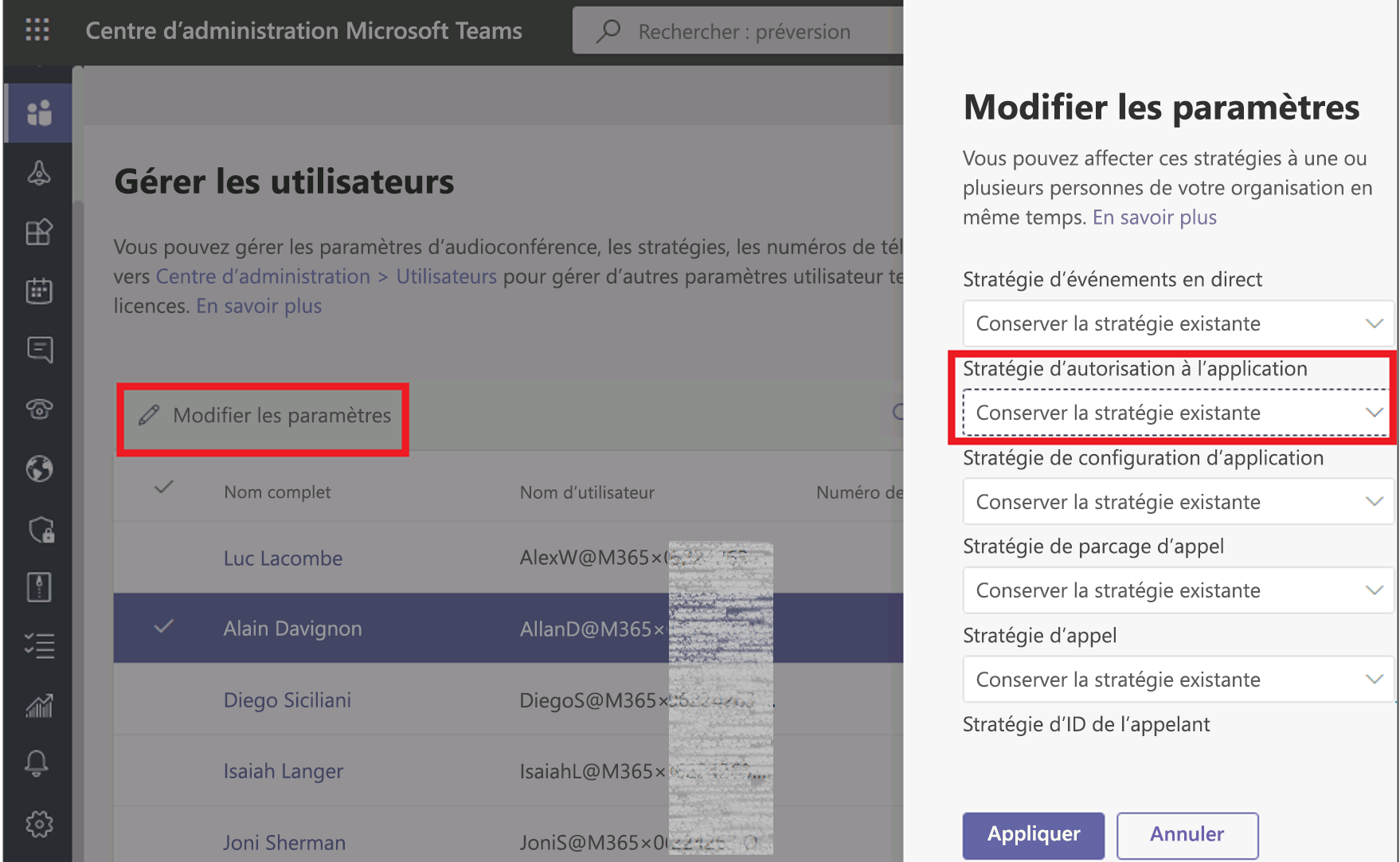  Capture d’écran de l’attribution d’une stratégie d’autorisation d’application à un utilisateur.