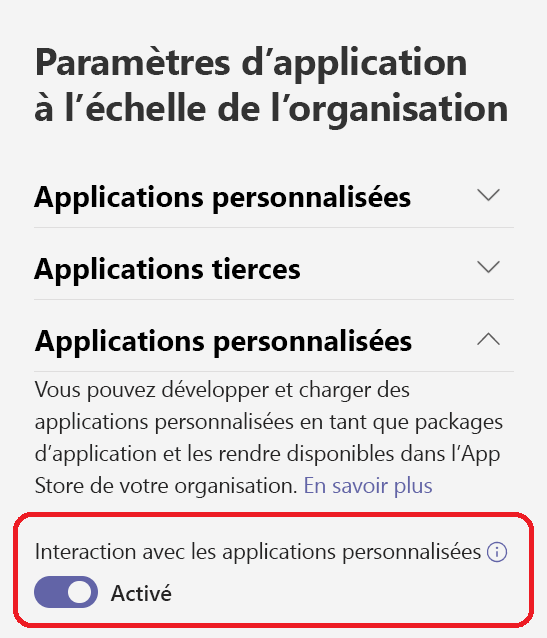  Capture d’écran montrant le paramètre d’application personnalisée à l’échelle de l’organisation.