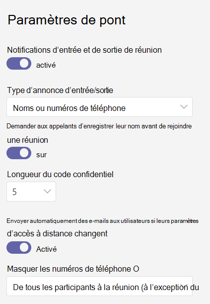 Capture d’écran des paramètres des ponts de conférence.