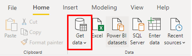 Capture d’écran du portail Power BI montrant l’option Obtenir des données sélectionnée.