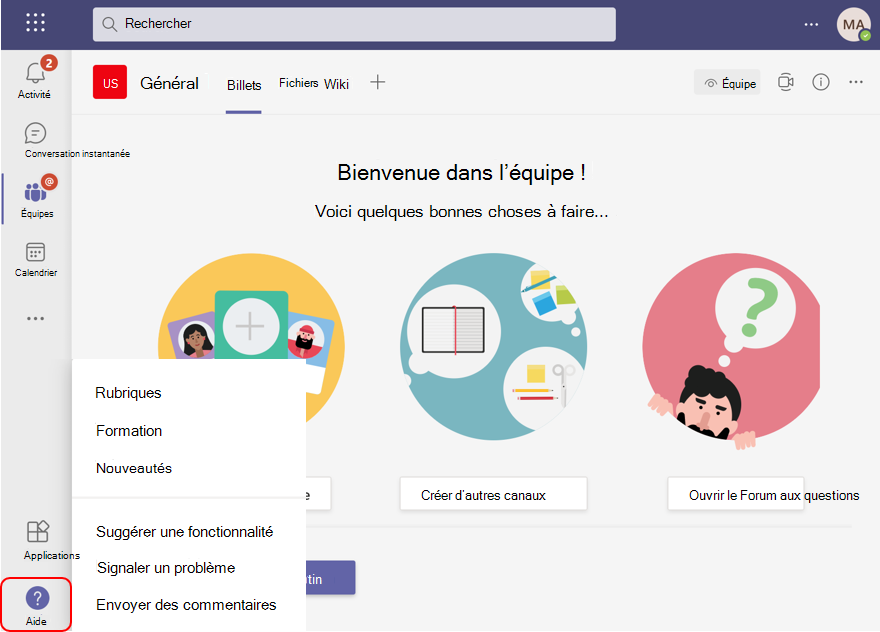 Sélectionnez l’option d’aide dans le client Teams