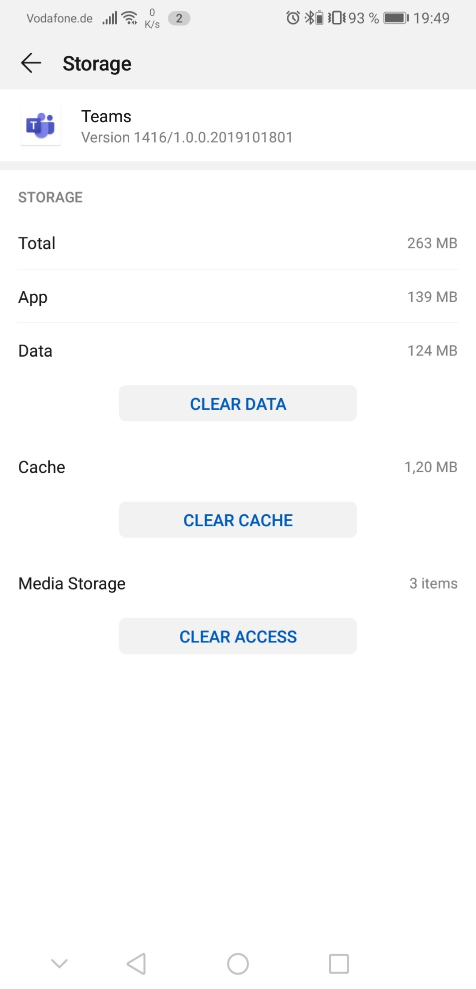 Capture d’écran de l’effacement des données de l’application Teams sur Android.