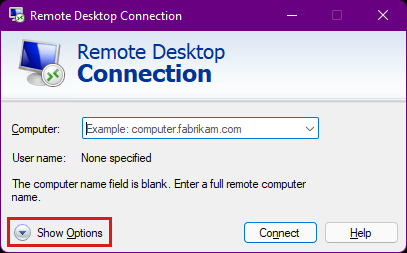 Capture d’écran de la boîte de dialogue Connexion Bureau à distance, avec le bouton Afficher les options extensible mis en évidence.