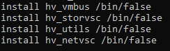 Capture d’écran montrant le contenu possible du fichier de configuration utilisé pour désactiver les modules/pilotes du noyau.