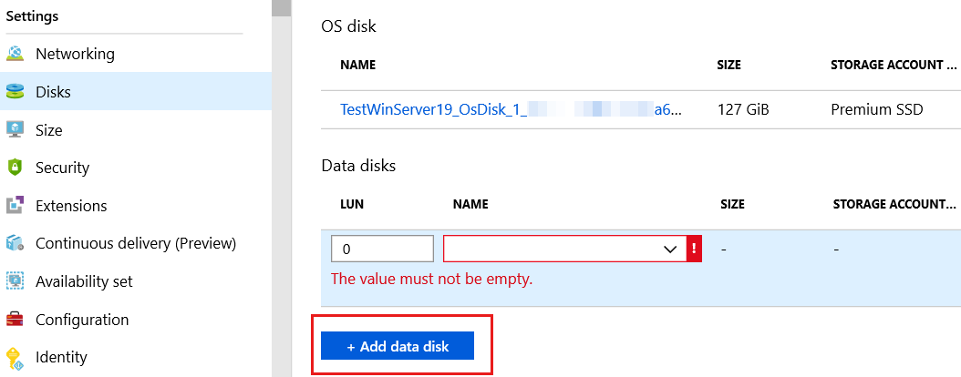 Capture d’écran de l’option Ajouter un disque de données dans le Portail Azure.