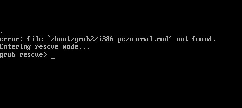 Capture d’écran de l’erreur normal.mod introuvable pour grub.