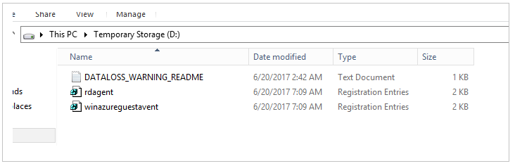 Capture d’écran des fichiers au format .reg rdagent et winazureguestagent dans l’Explorateur Windows.