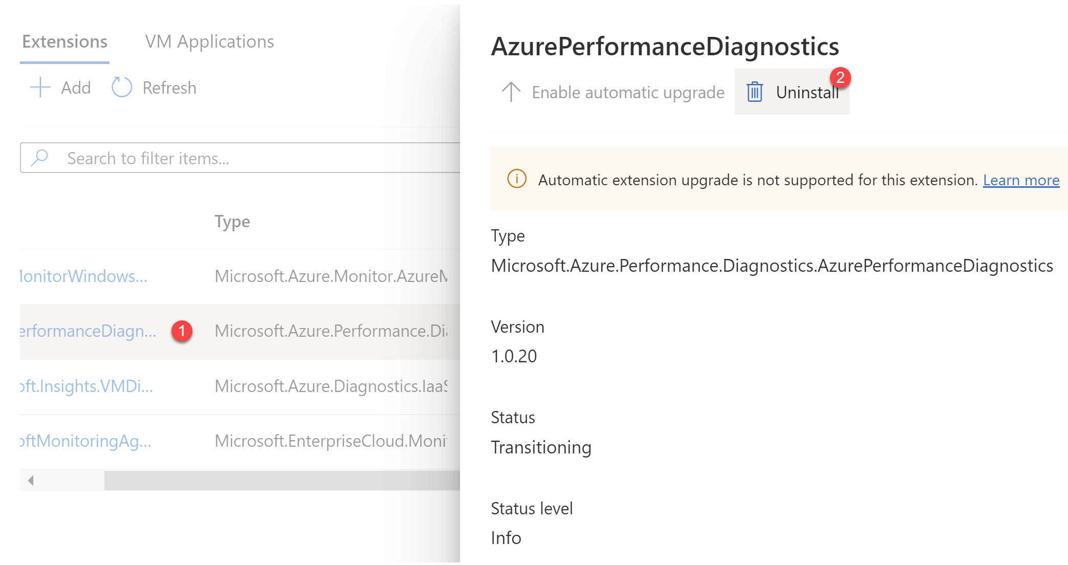 Capture d’écran du panneau Extensions, avec l’option Désinstaller mise en surbrillance.