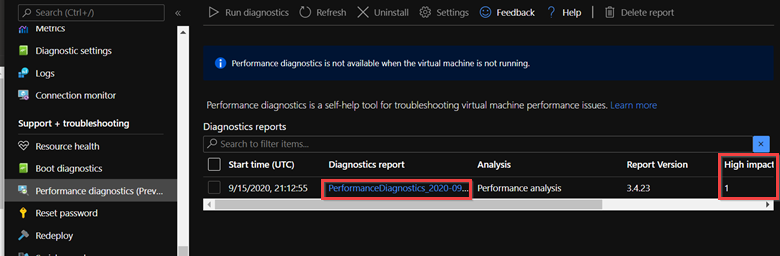 Capture d’écran d’un diagnostic de performances à fort impact.