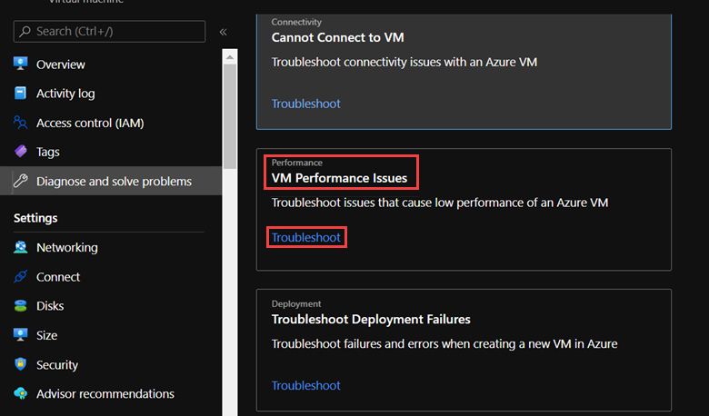 Capture d’écran des problèmes de performances de machine virtuelle dans l’option Diagnostiquer et résoudre le problème.