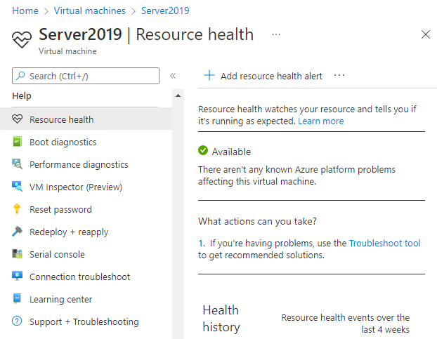 Capture d’écran d’un rapport de machine virtuelle saine, qui indique qu’il n’y a aucun problème connu de plateforme Azure affectant cette machine virtuelle.