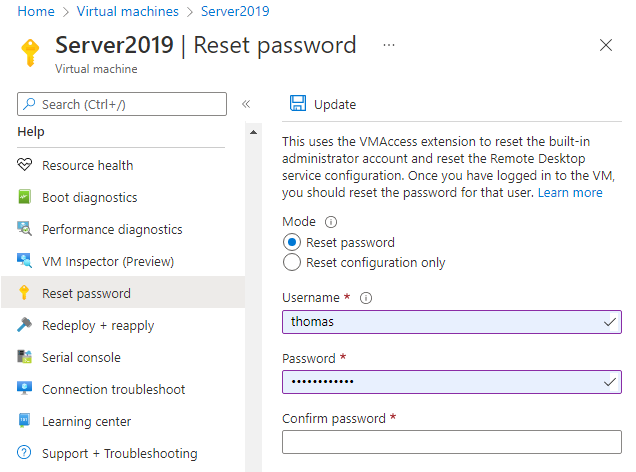 Capture d’écran de la fenêtre de configuration de Réinitialiser le mot de passe lorsque le Mode est défini sur Réinitialiser le mot de passe.