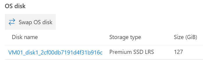 Capture d’écran du panneau Disques dans le portail Azure avec l’option d’échange de disque de système d’exploitation mise en surbrillance.
