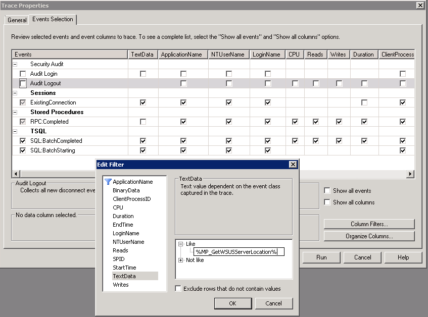 Capture d’écran montrant la configuration de SQL Server Profiler pour appeler MP_GetWSUSServerLocation.