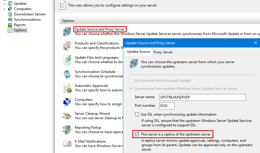 Capture d’écran de l’option Mettre à jour la source et le serveur proxy.