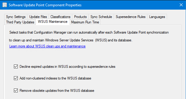 Capture d’écran des options de maintenance WSUS dans les composants du point de mise à jour logicielle Fenêtre Propriétés.