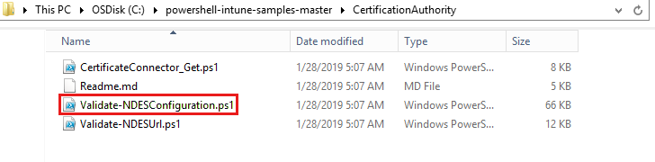 Capture d’écran de l’ouverture du script Validate-NDESConfiguration.ps1.