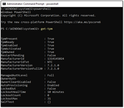 Exemple de capture d’écran d’un module de plateforme sécurisée (TPM) présent et actif dans une fenêtre PowerShell.