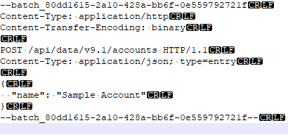 Capture d’écran montrant un corps de demande de traitement par lots avec des fins CRLF pour toutes les lignes.