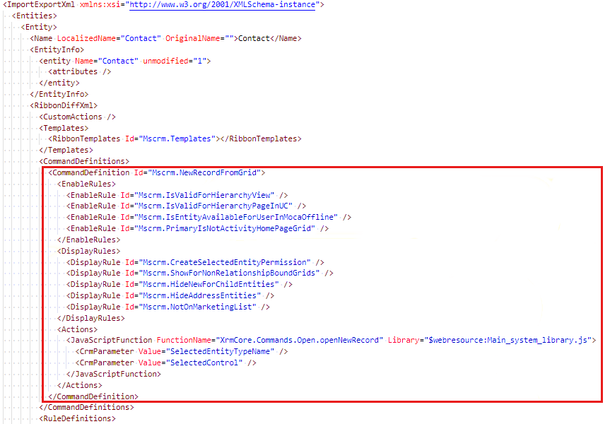 Capture d’écran montrant un exemple de modification du nœud CommandDefinition.