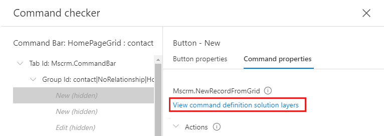 Capture d’écran du lien des couches de solution De définition de commande Afficher sous un nom de commande.