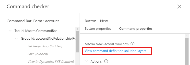 Capture d’écran du lien des couches de solution Afficher la définition de commande sous le nom de la commande.
