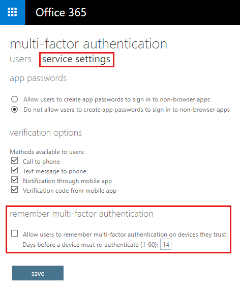 Capture d’écran des détails de l’option d’authentification multifacteur mémorisé.