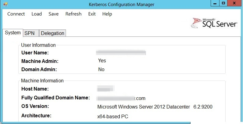 Capture d’écran d’une vue des trois onglets dans Kerberos Configuration Manager.