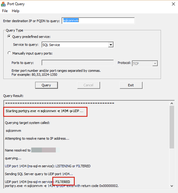 Capture d’écran montrant une connexion infructueuse pour une instance nommée.