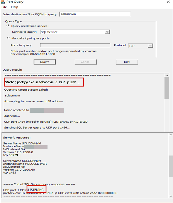 Capture d’écran d’une connexion réussie pour une instance nommée.