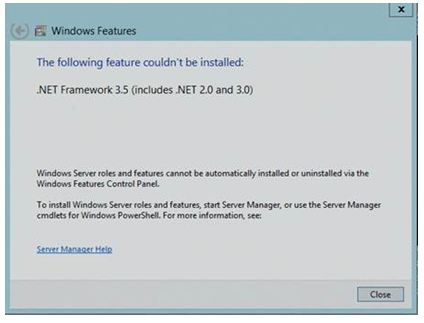 Capture d’écran du message d’erreur d’installation de .Net Framework 3.5 sur le serveur complet : Impossible d’installer la fonctionnalité suivante.