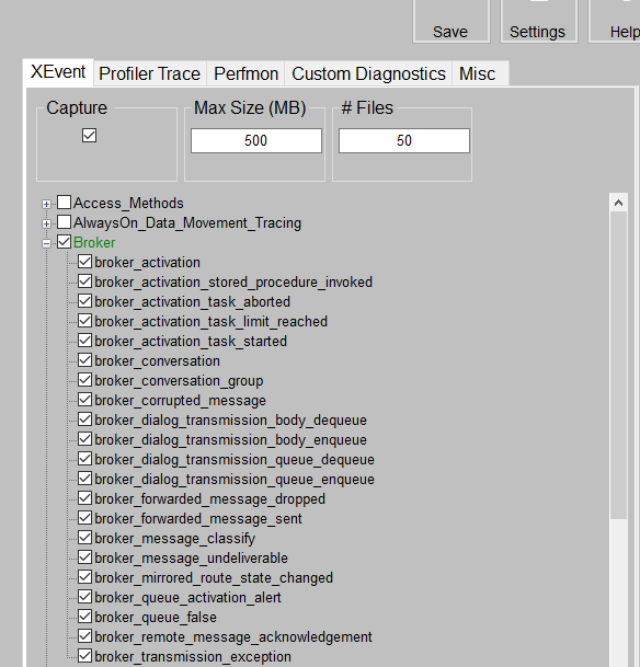 Capture d’écran de l’outil Pssdiag dans lequel tous les événements broker sous l’onglet XEvent sont activés.