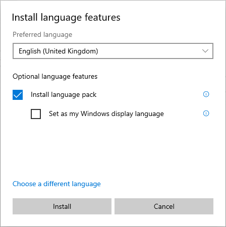 Capture d’écran de la boîte de dialogue Installer les fonctionnalités de langage.