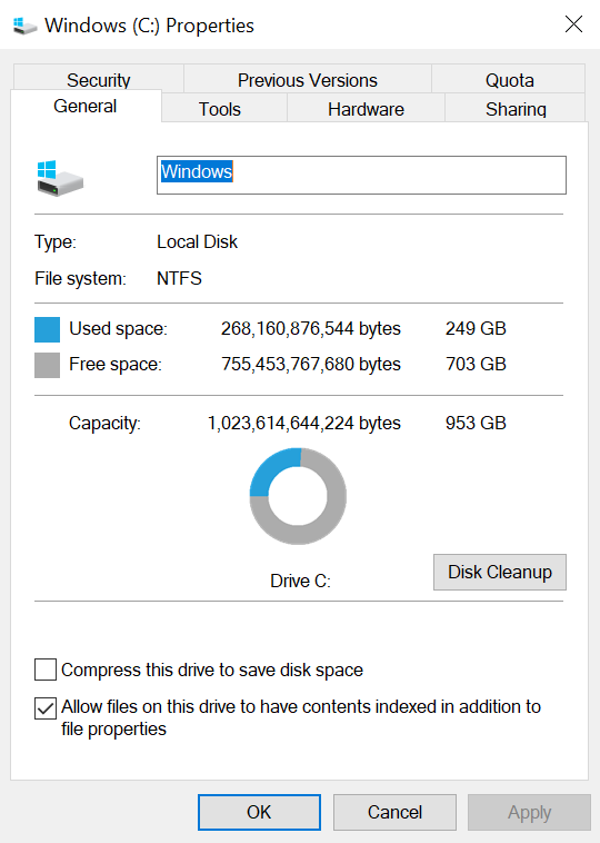 Capture d’écran des propriétés du lecteur système avec l’option de nettoyage de disque sous l’onglet Général.