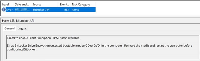 Capture d’écran des détails de l’ID d’événement 853 (TPM n’est pas disponible, média de démarrage trouvé).