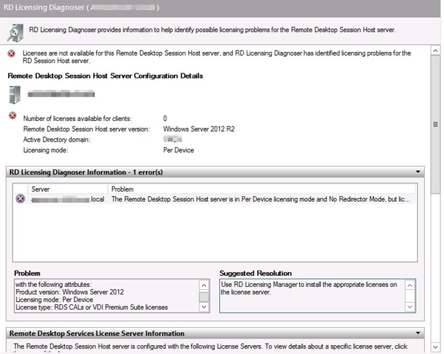 Capture dʼécran de la boîte de dialogue Diagnostic des licences des services Bureau à distance.