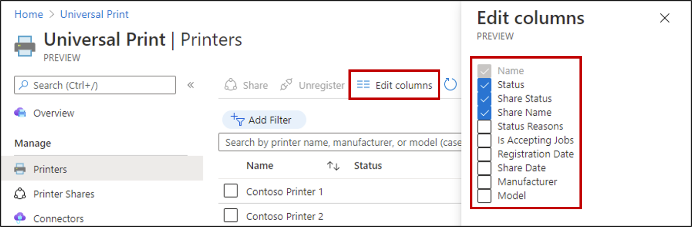 Capture d’écran de colonnes supplémentaires configurées pour une liste de ressources dans le portail d’impression universelle.