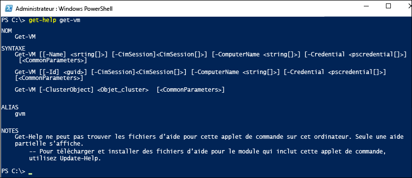 Capture d’écran de l’écran Windows Power Shell Administrateur montrant la sortie de la structure des commandes.