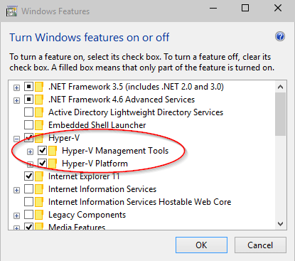 Capture d’écran du volet Activer ou désactiver des fonctionnalités Windows du Panneau de configuration avec un focus sur les dossiers Outils de gestion Hyper-V et Plateforme Hyper-V.